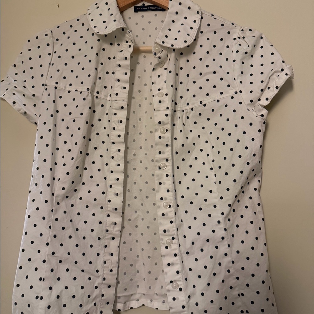 Brandy Melville White and Black Polka Dot Button Down Shirt